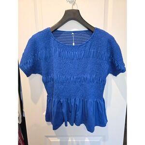 Fashion Royal Blue Smocked Peplum Top Short Sleeve Blouse MR0038 XL